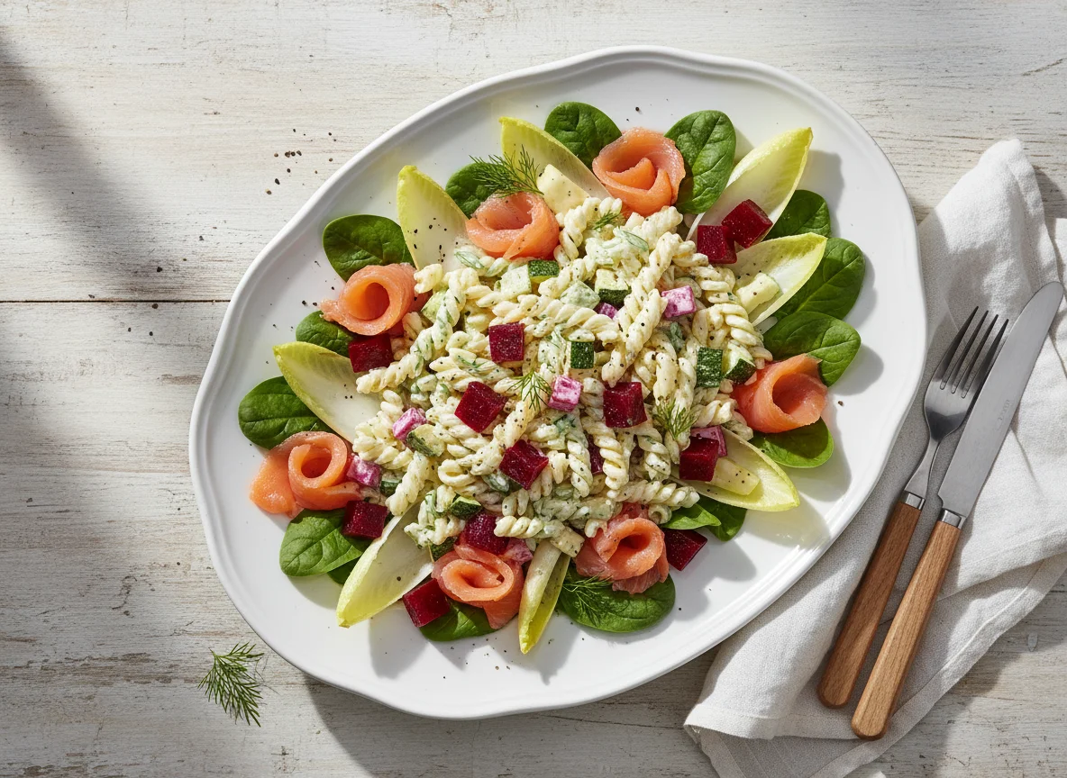 Gemischter Salatteller mit Lachs und Nudeln photo