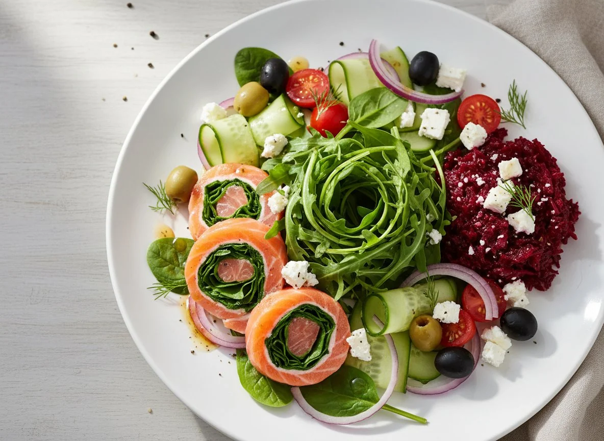 Gemischter Salatteller mit Lachsroulade photo