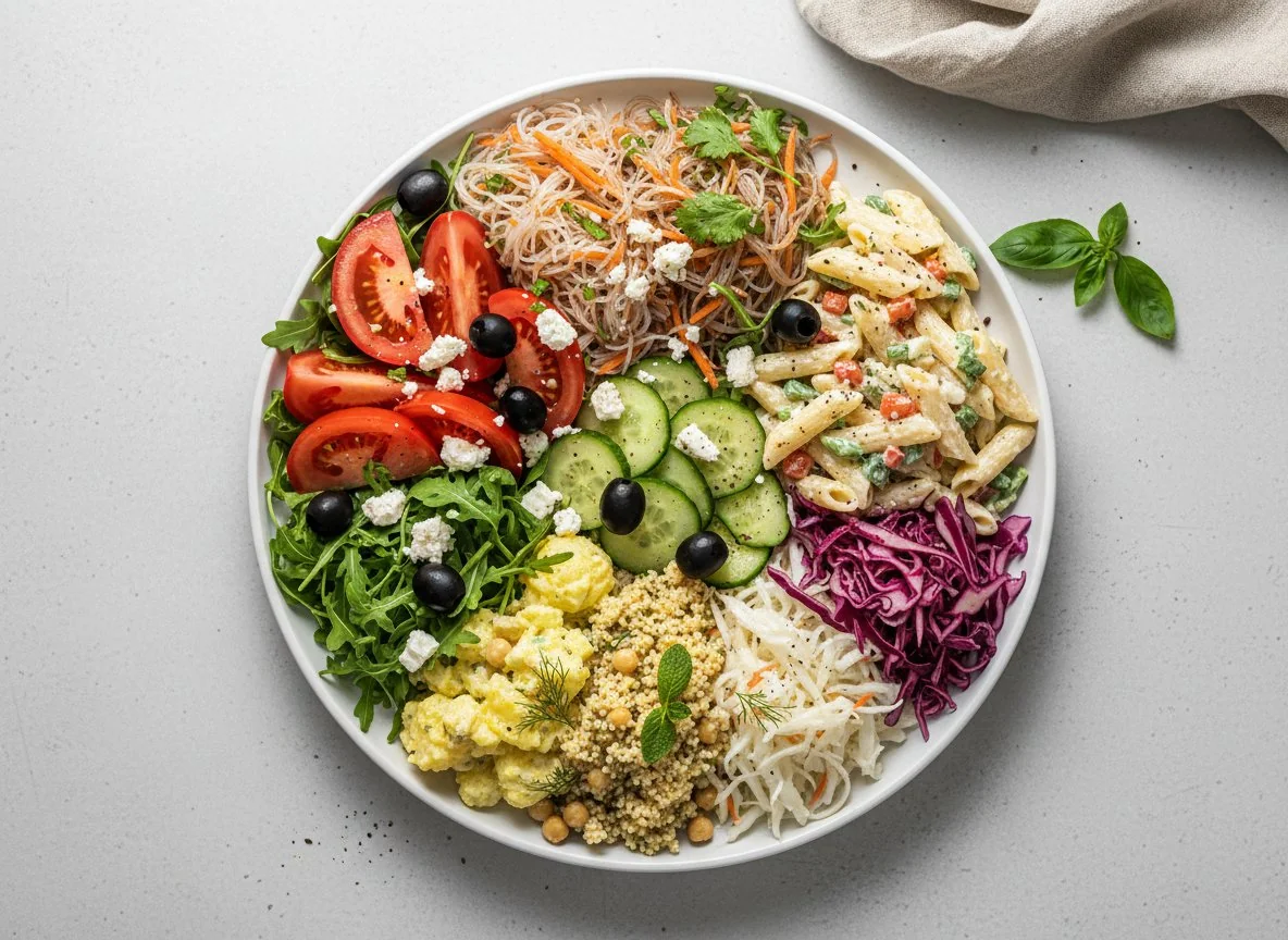 Gemischter Salatteller mit Nudeln und Beilagen photo