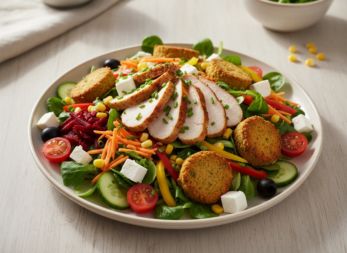 Gemischter Salatteller mit Putenbrust und Falafel photo