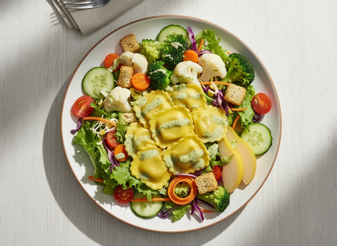 Gemischter Salatteller mit Ravioli und Birne photo