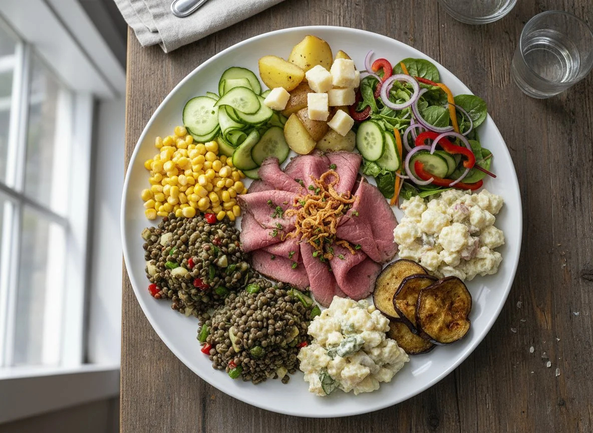 Gemischter Salatteller mit Roastbeef und Beilagen photo