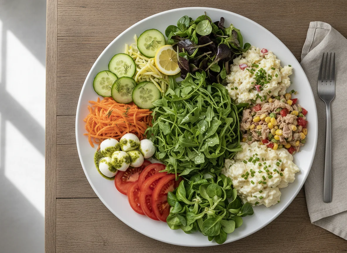 Gemischter Salatteller mit Rucola, Karotten und Mozzarella photo
