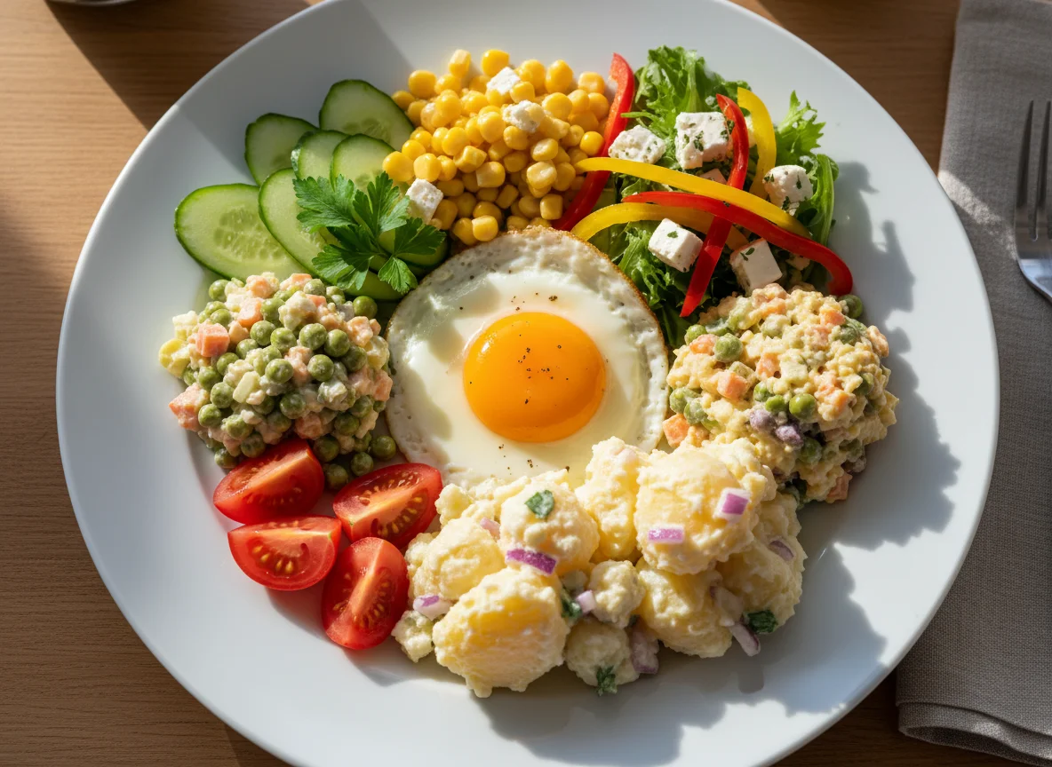 Gemischter Salatteller mit Spiegelei und Kartoffelsalat photo