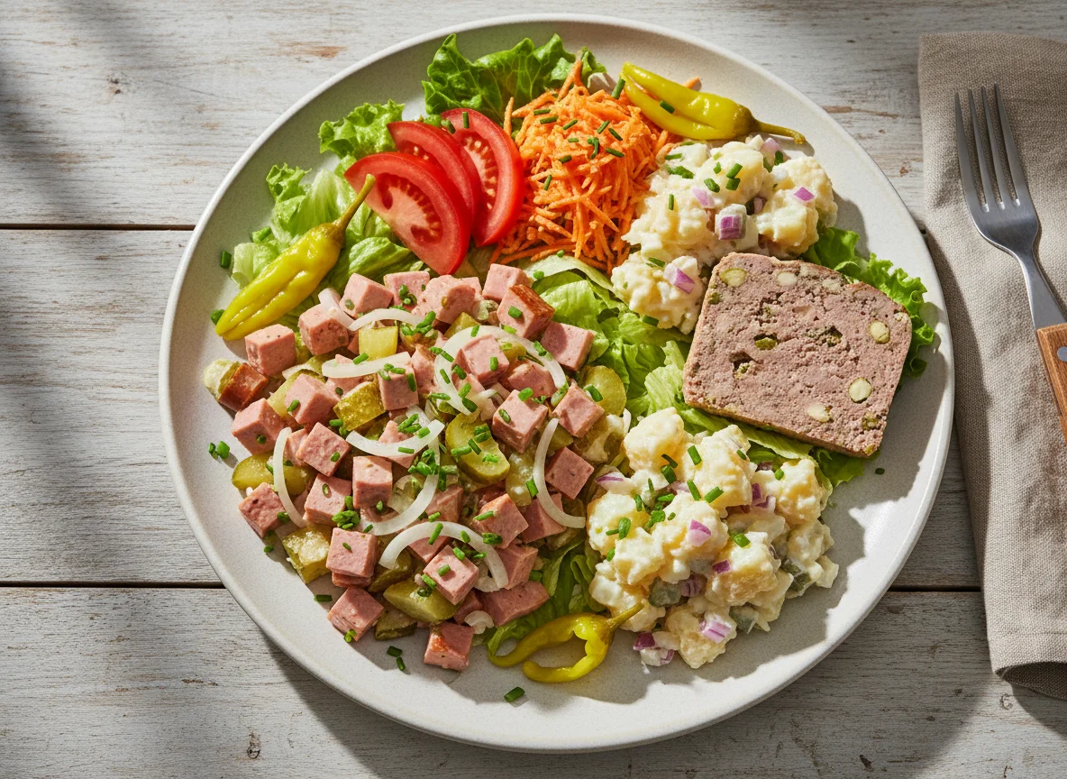 Gemischter Salatteller mit Wurstsalat und Pastete photo