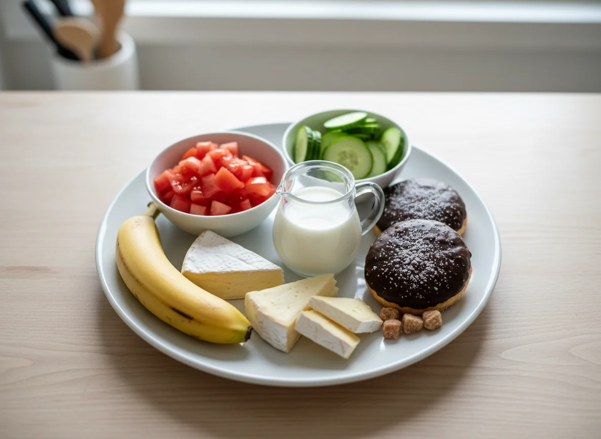 Gemischter Snackteller mit Gebäck und Milch photo