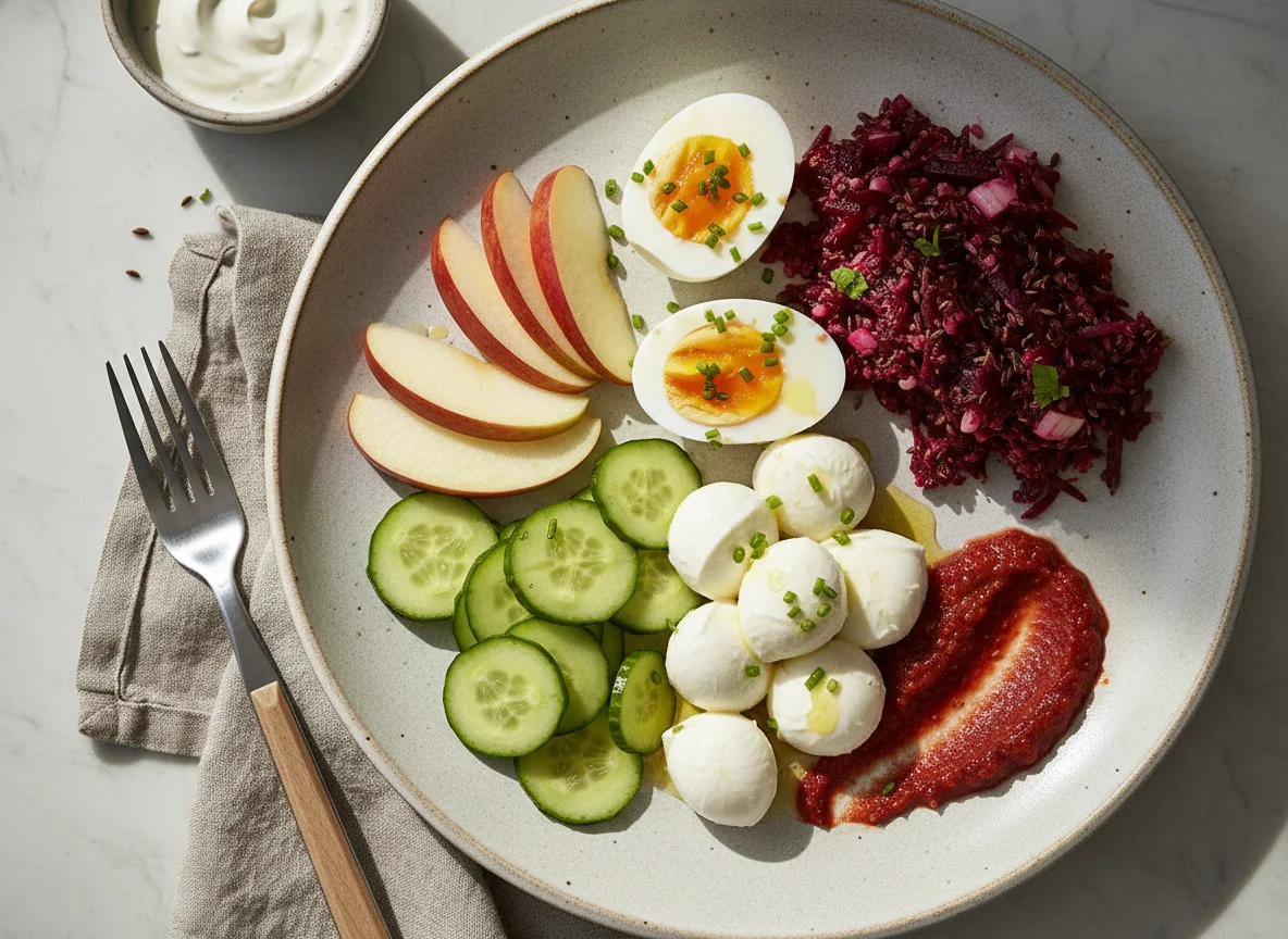 Gemischter Teller mit Apfel, Gurke, Ei, Mozzarella und Saucen photo