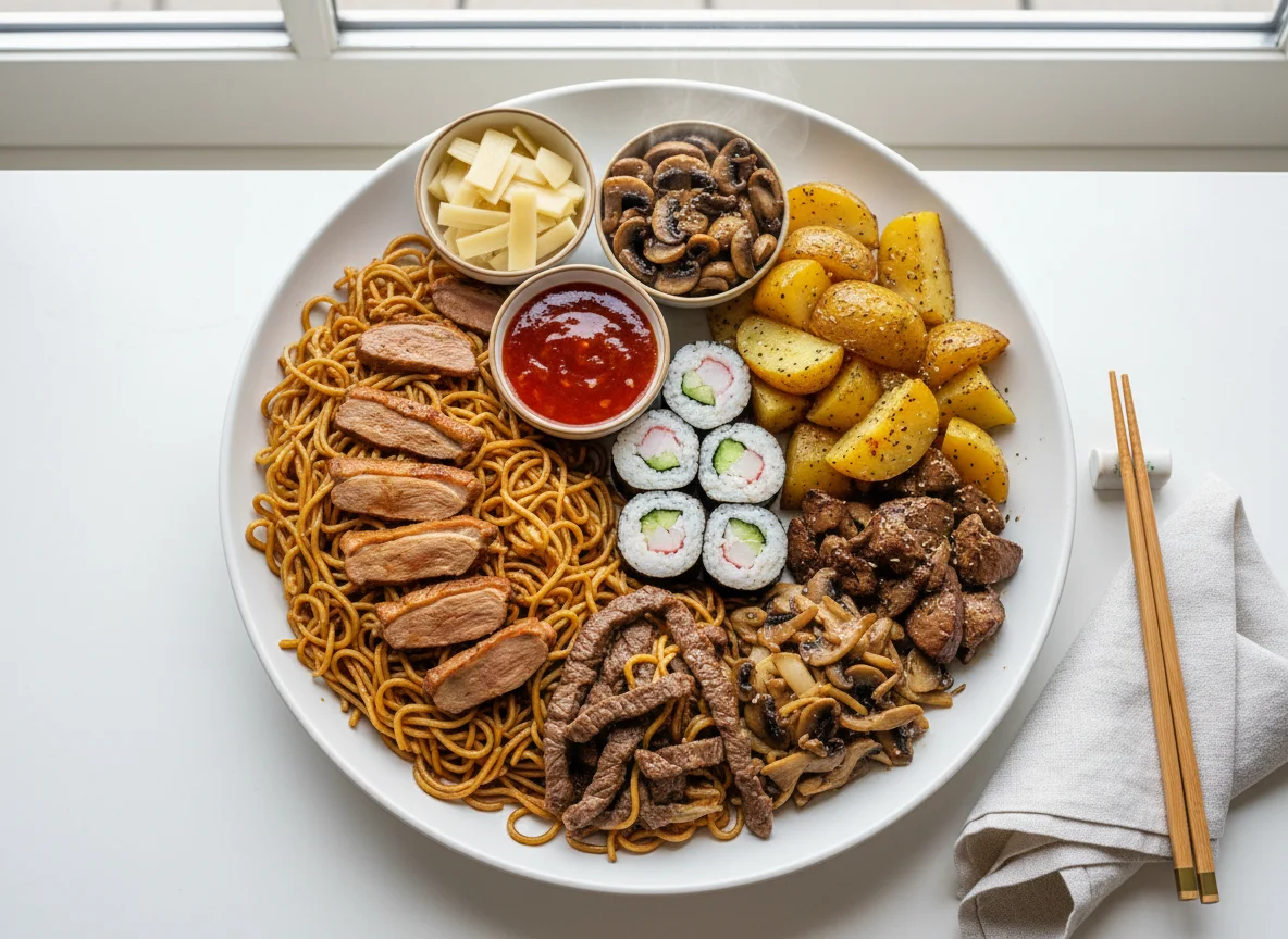 Gemischter Teller mit asiatischen und deutschen Komponenten photo