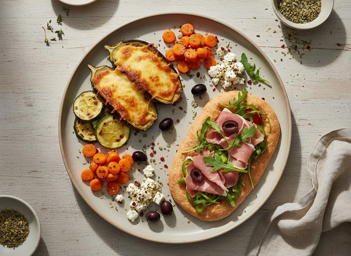Gemischter Teller mit Auberginen, Zucchini und Flammkuchen-Stück photo