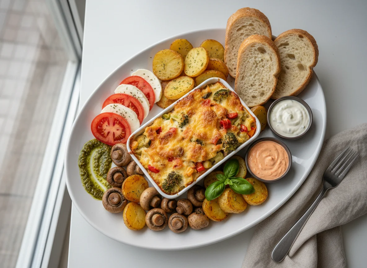 Gemischter Teller mit Auflauf und Beilagen photo