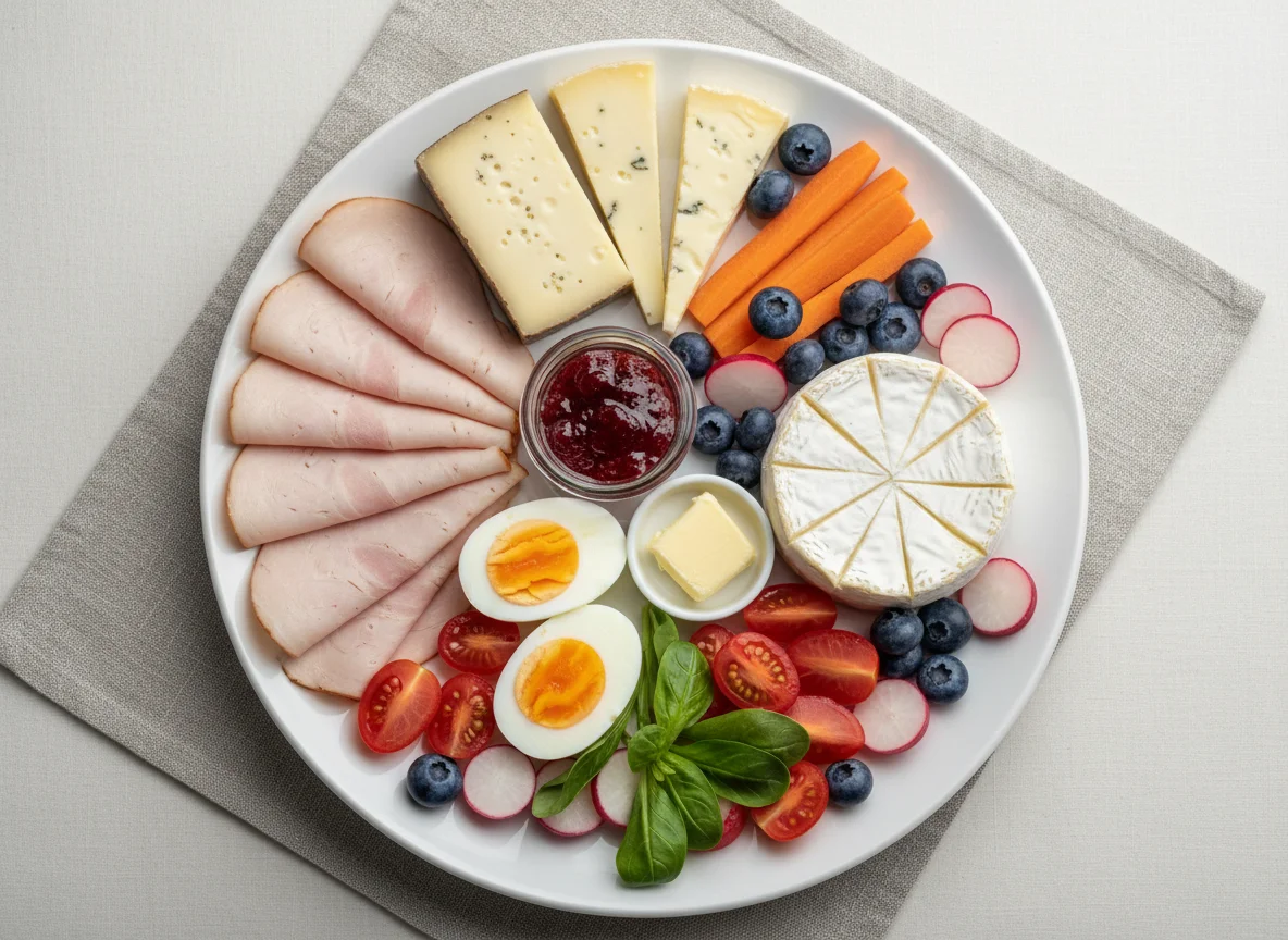 Gemischter Teller mit Aufschnitt, Käse, Gemüse und Früchten photo