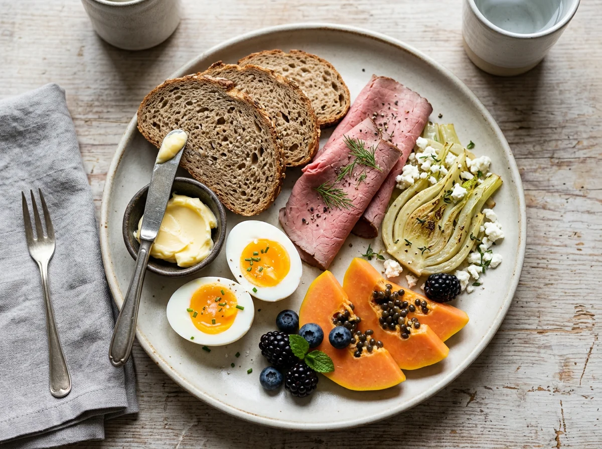 Gemischter Teller mit Brot, Ei und Obst photo