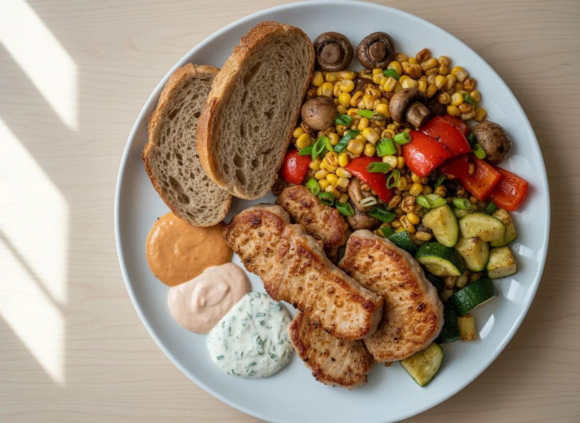 Gemischter Teller mit Brot, Fleisch und Gemüse photo