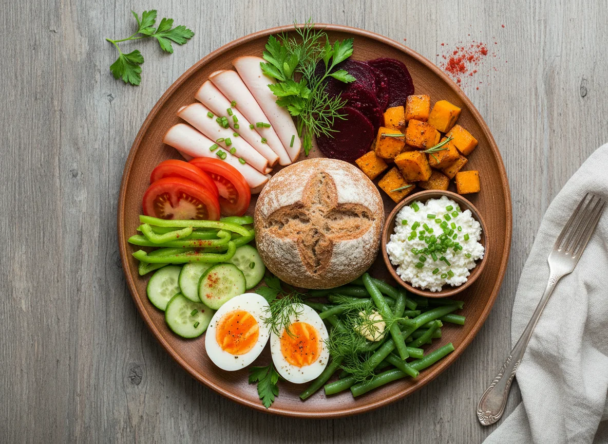 Gemischter Teller mit Brot, Gemüse und Ei photo