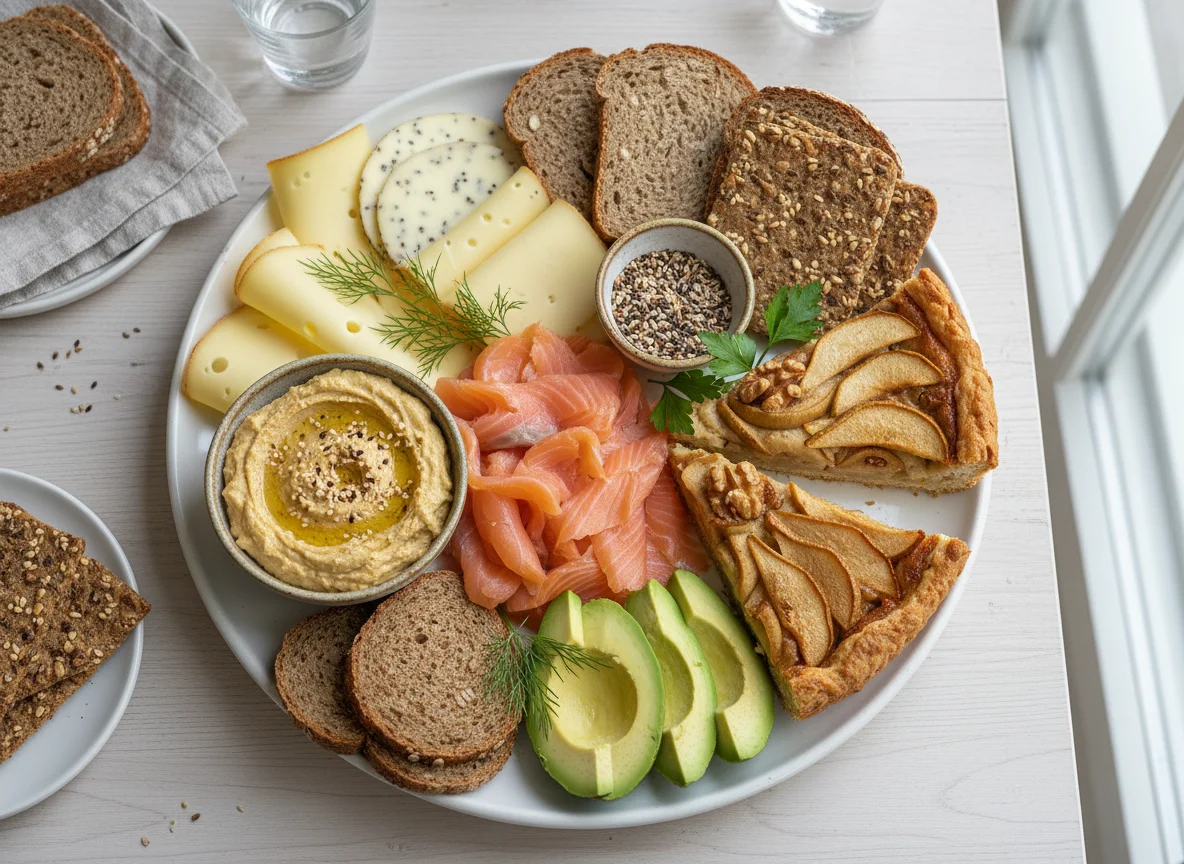 Gemischter Teller mit Brot, Käse, Lachs, Avocado und Tarte photo