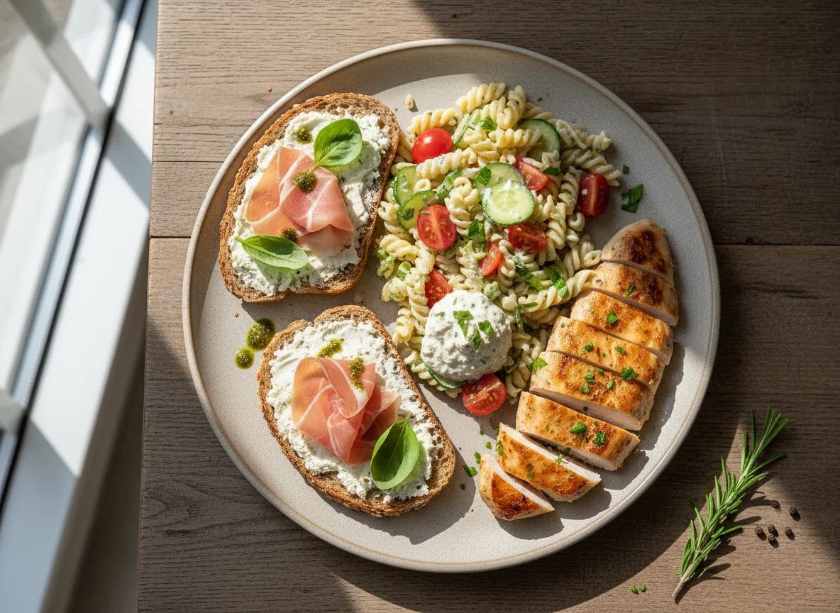 Gemischter Teller mit Brot, Pasta Salat und Hähnchen photo