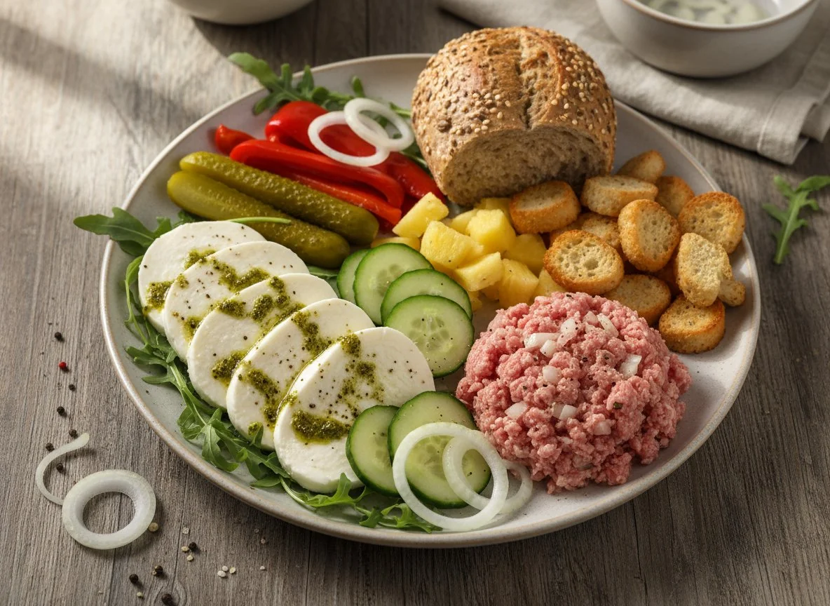 Gemischter Teller mit Brot und Aufschnitt photo