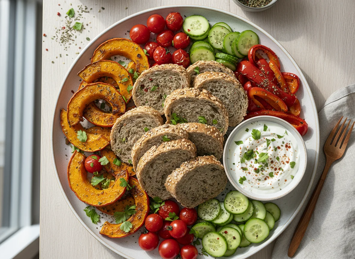 Gemischter Teller mit Brot und Gemüse photo