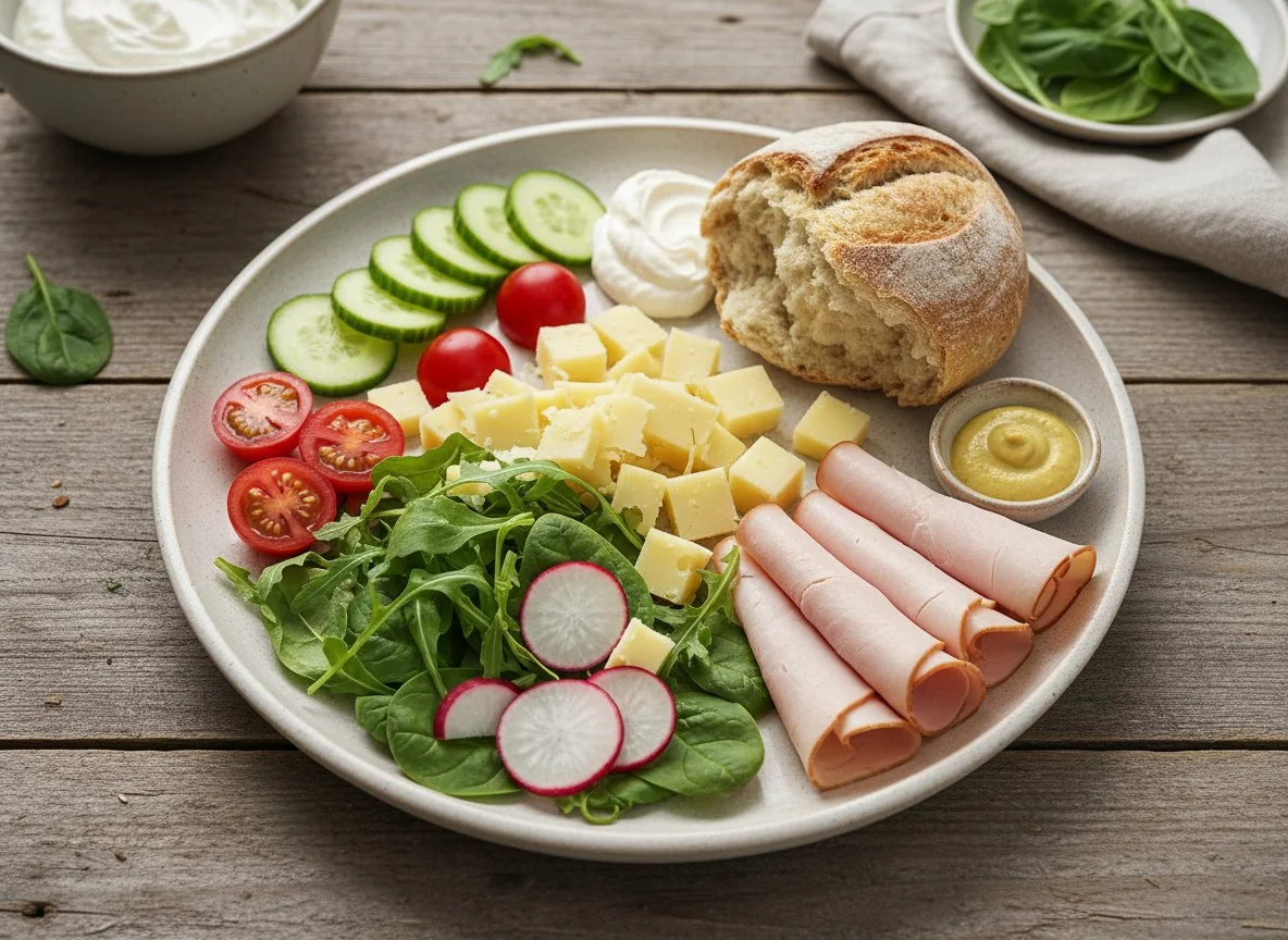 Gemischter Teller mit Brot und Salat photo