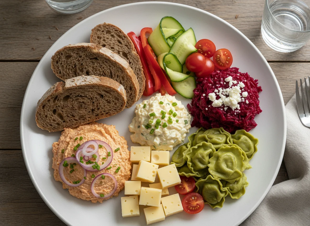 Gemischter Teller mit Brot und Salaten photo