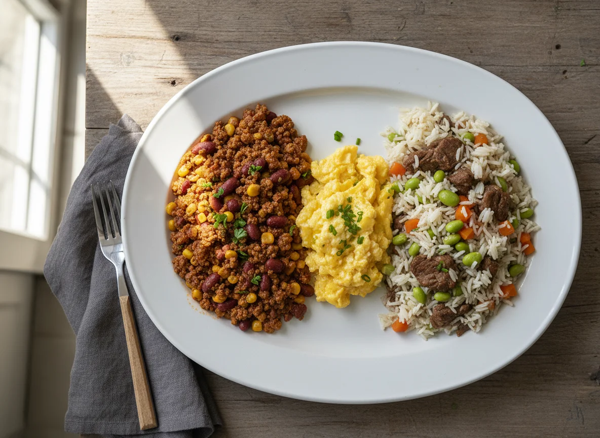 Gemischter Teller mit Chili con Carne, Reisgericht und Rührei photo