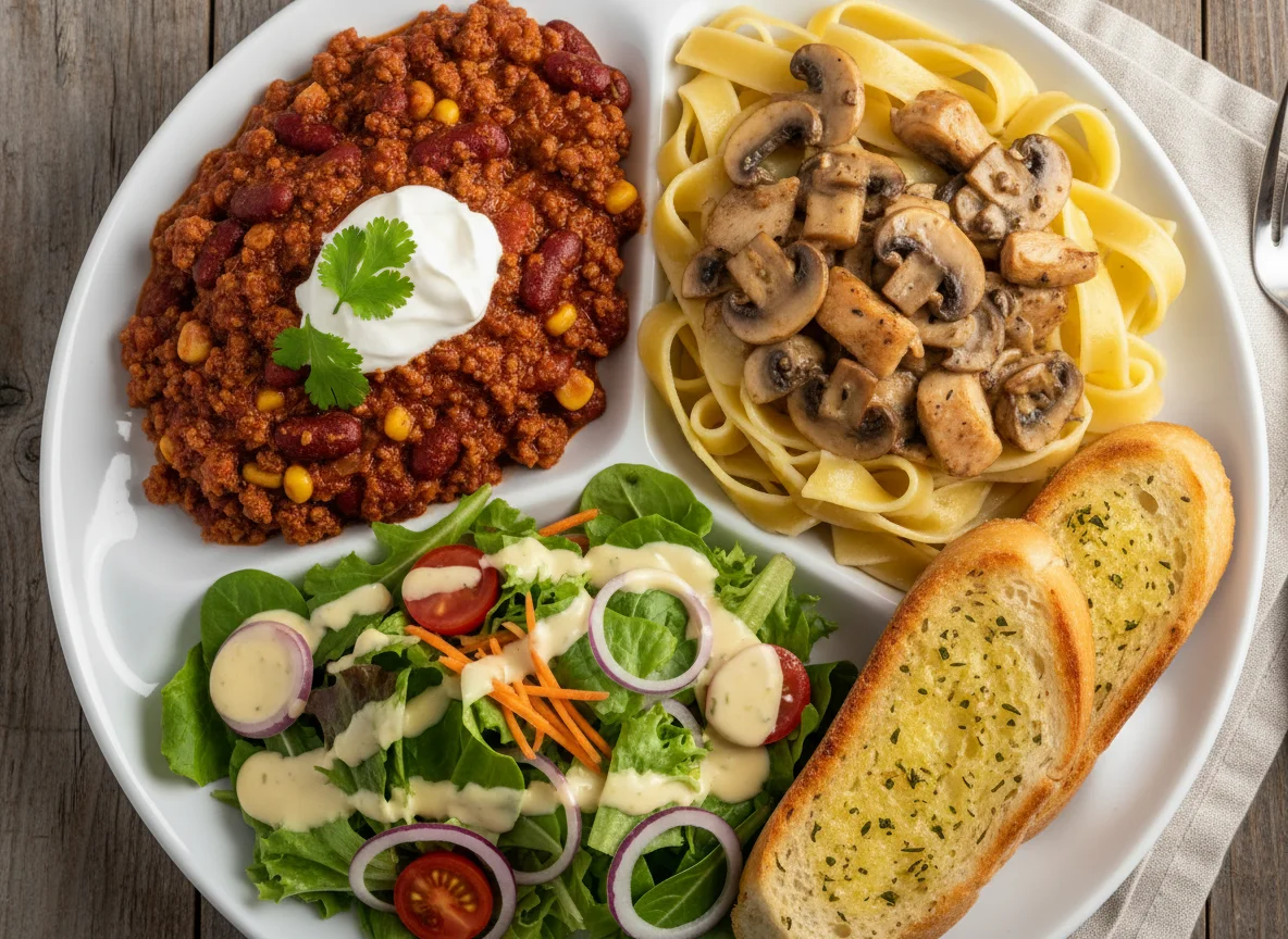 Gemischter Teller mit Chili, Nudeln, Salat und Hähnchen photo