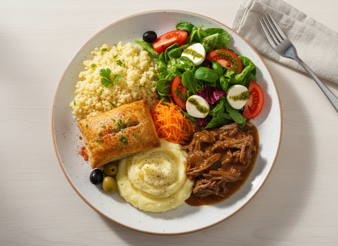 Gemischter Teller mit Couscous, Salat und Fleischpastete photo