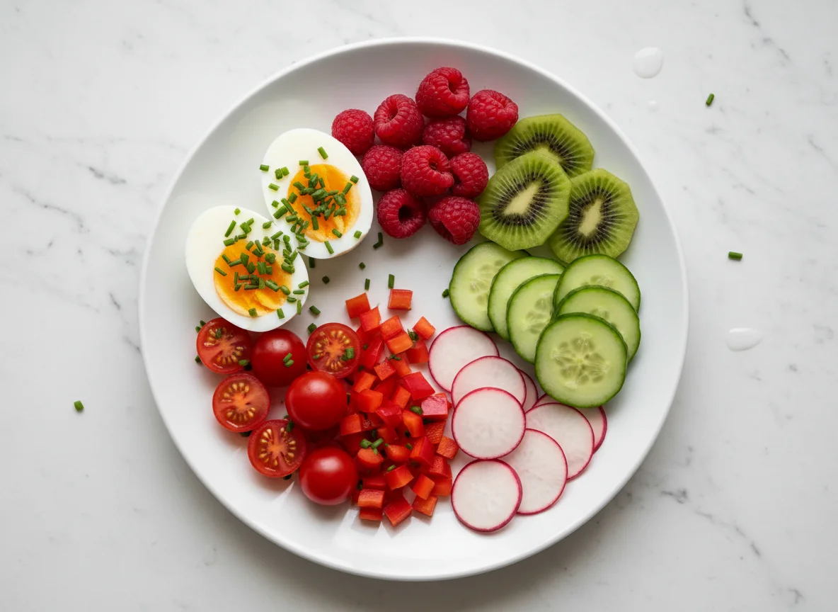 Gemischter Teller mit Ei und Obst photo