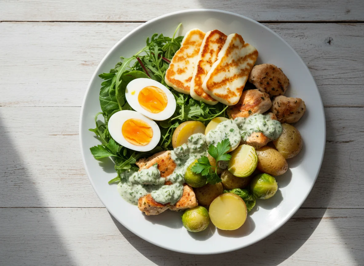 Gemischter Teller mit Eiern, Halloumi und Hähnchen photo