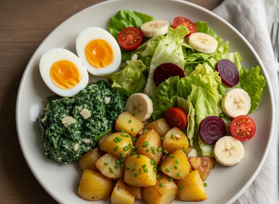 Gemischter Teller mit Eiern, Spinat und Salat photo