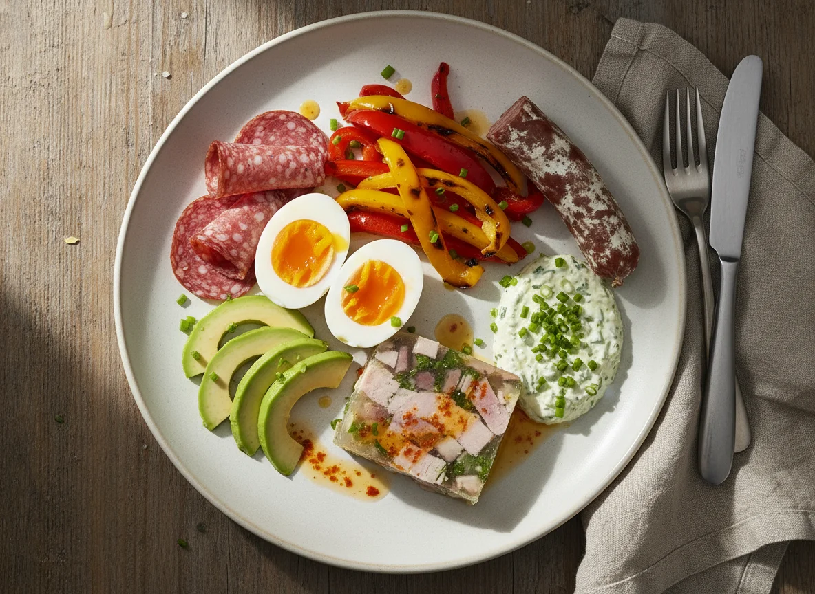 Gemischter Teller mit Eiern und Wurst photo