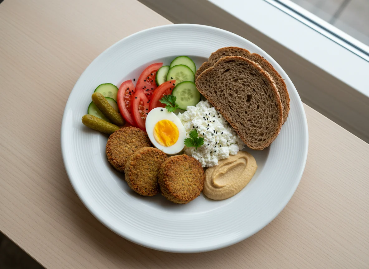 Gemischter Teller mit Falafel, Eiern und Hüttenkäse photo
