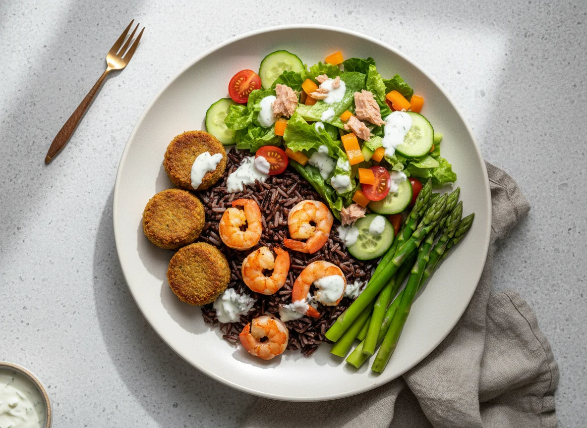 Gemischter Teller mit Falafel, Reis, Garnelen und Salat photo