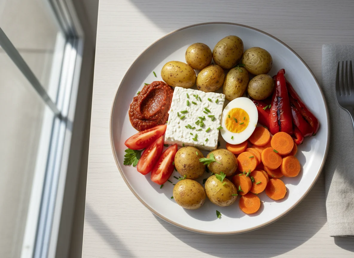 Gemischter Teller mit Feta, Ei und Gemüse photo