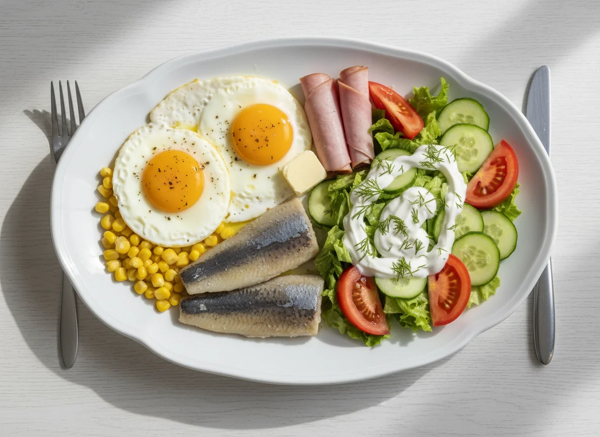 Gemischter Teller mit Fisch, Ei und Salat photo