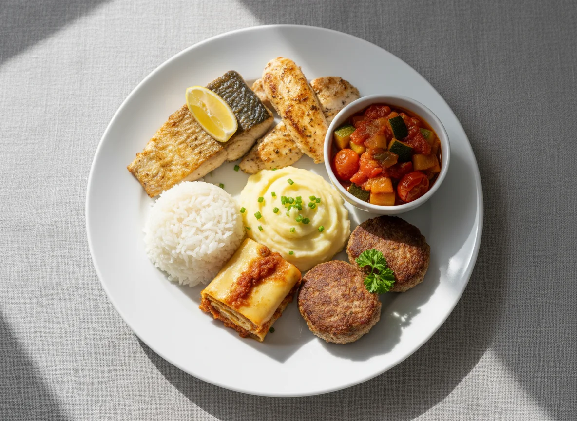 Gemischter Teller mit Fisch, Fleisch und Beilagen photo
