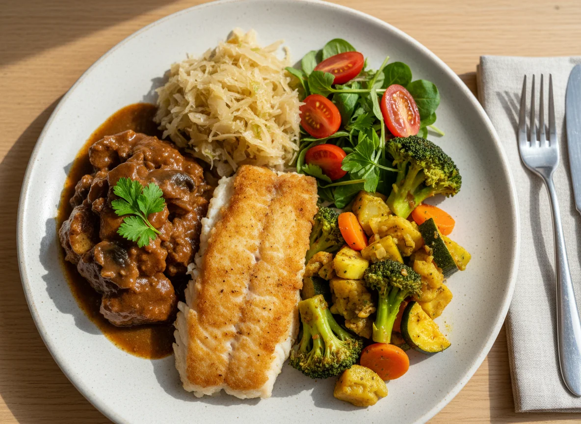 Gemischter Teller mit Fisch, Gemüse und Sauerkraut photo
