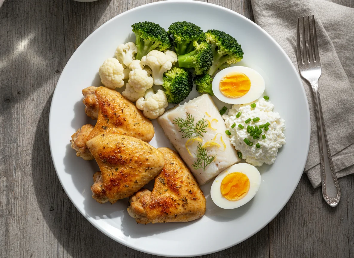 Gemischter Teller mit Fisch, Pouletflügeln und Gemüse photo