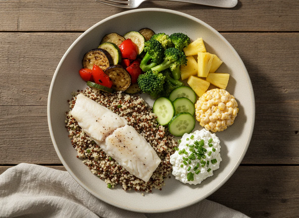 Gemischter Teller mit Fisch, Quinoa und Gemüse photo