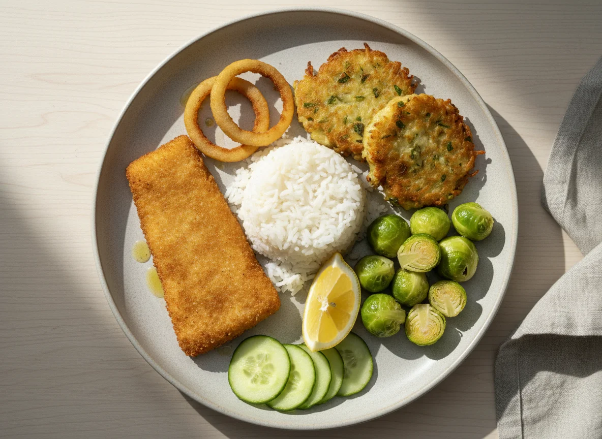 Gemischter Teller mit Fisch, Reis und Gemüse photo