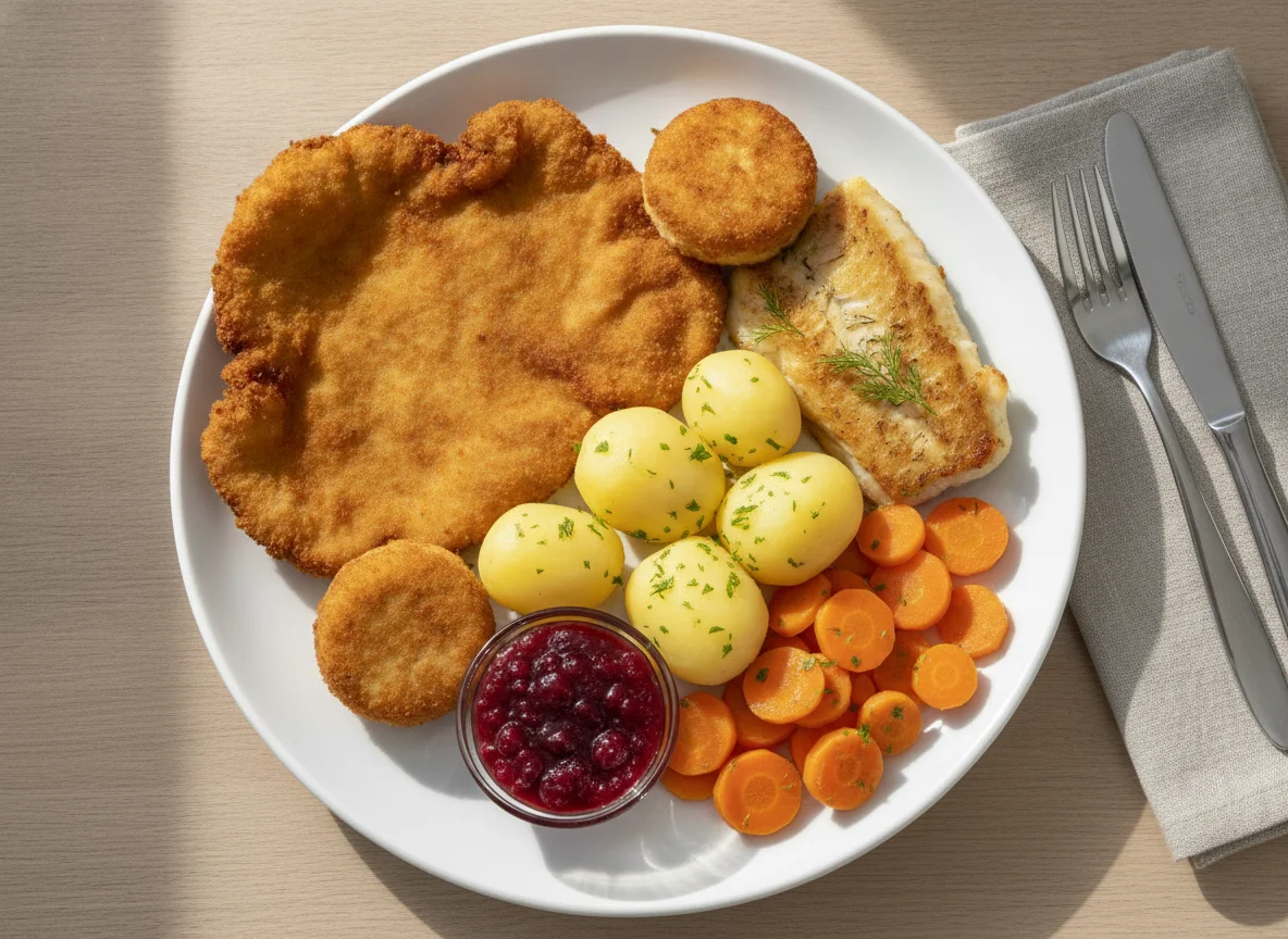 Gemischter Teller mit Fisch, Schnitzel und Beilagen photo