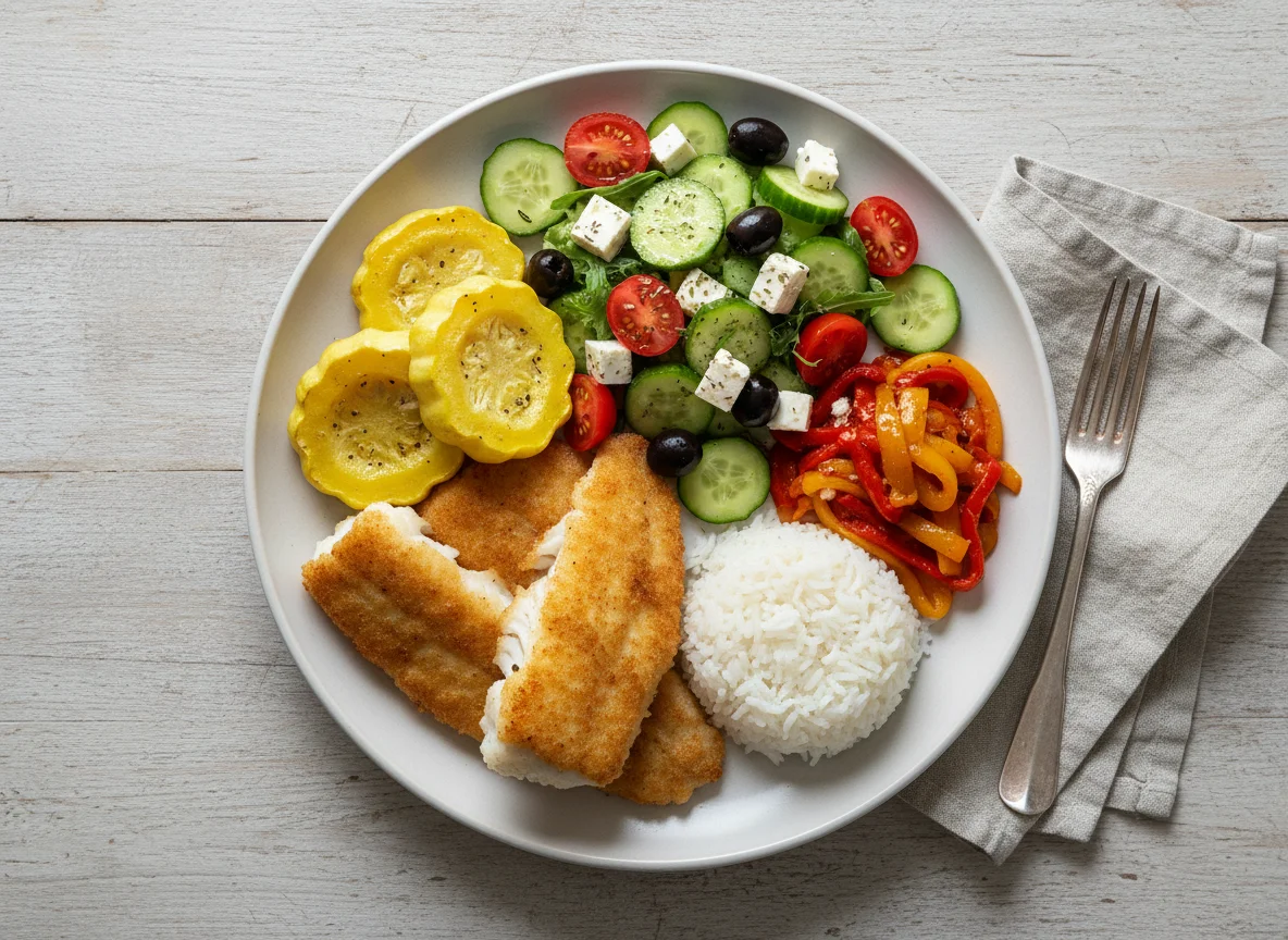 Gemischter Teller mit Fisch und Gemüse photo