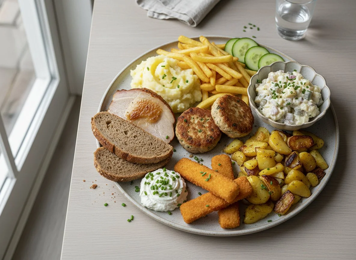 Gemischter Teller mit Fleisch, Beilagen und Brot photo