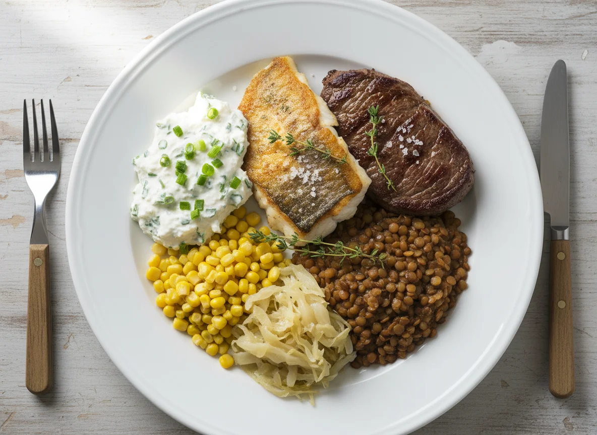 Gemischter Teller mit Fleisch, Fisch und Beilagen photo