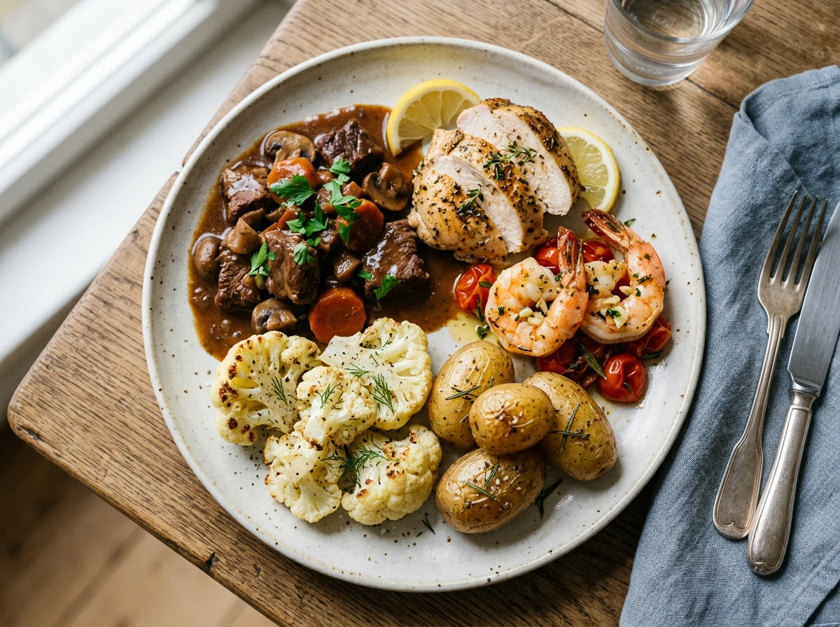 Gemischter Teller mit Fleisch, Fisch und Gemüse photo