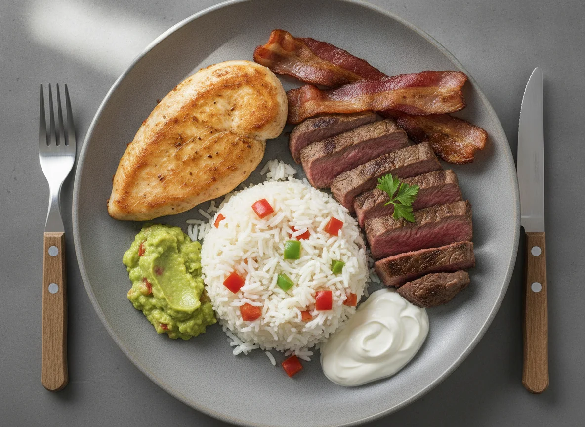 Gemischter Teller mit Fleisch, Fisch und Reis photo