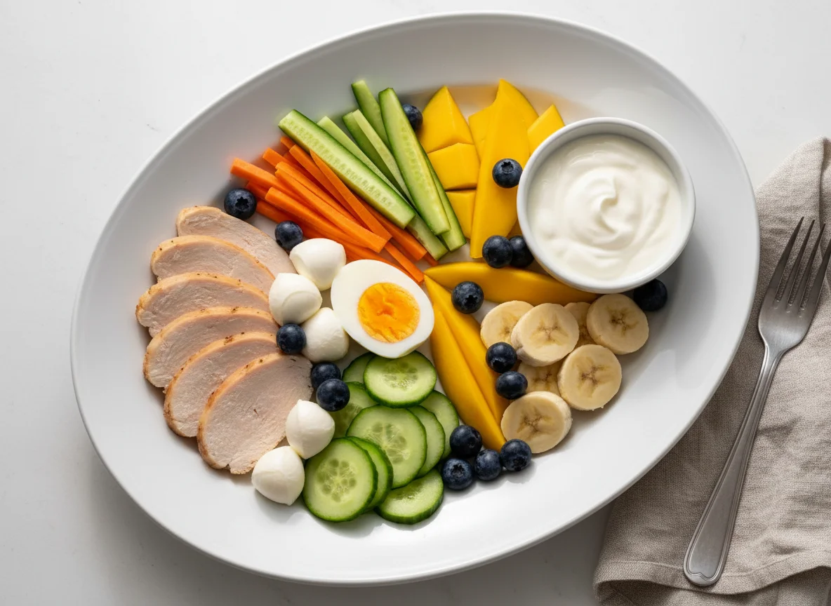 Gemischter Teller mit Fleisch, Gemüse, Obst und Käse photo