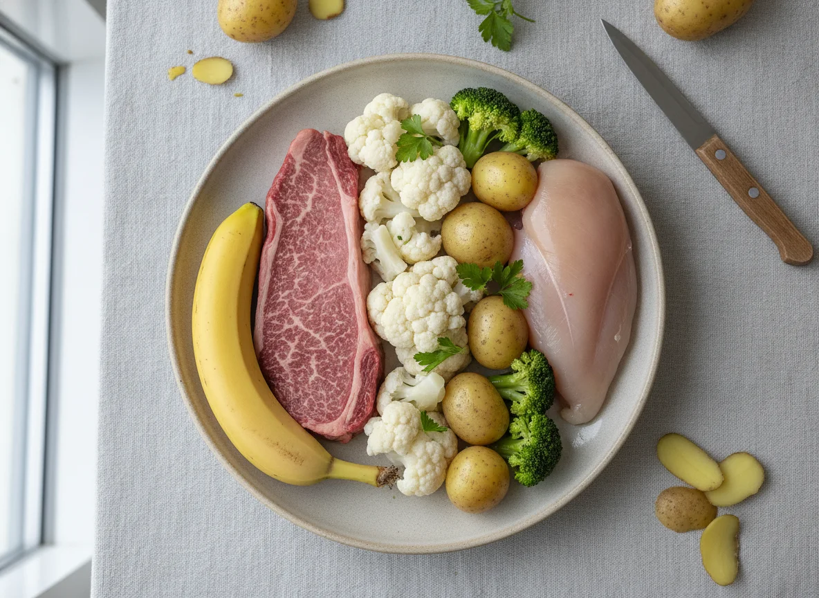 Gemischter Teller mit Fleisch, Gemüse und Banane photo