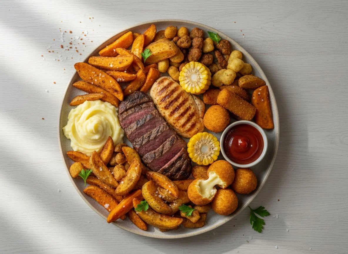 Gemischter Teller mit Fleisch, Kartoffeln und frittierten Snacks photo
