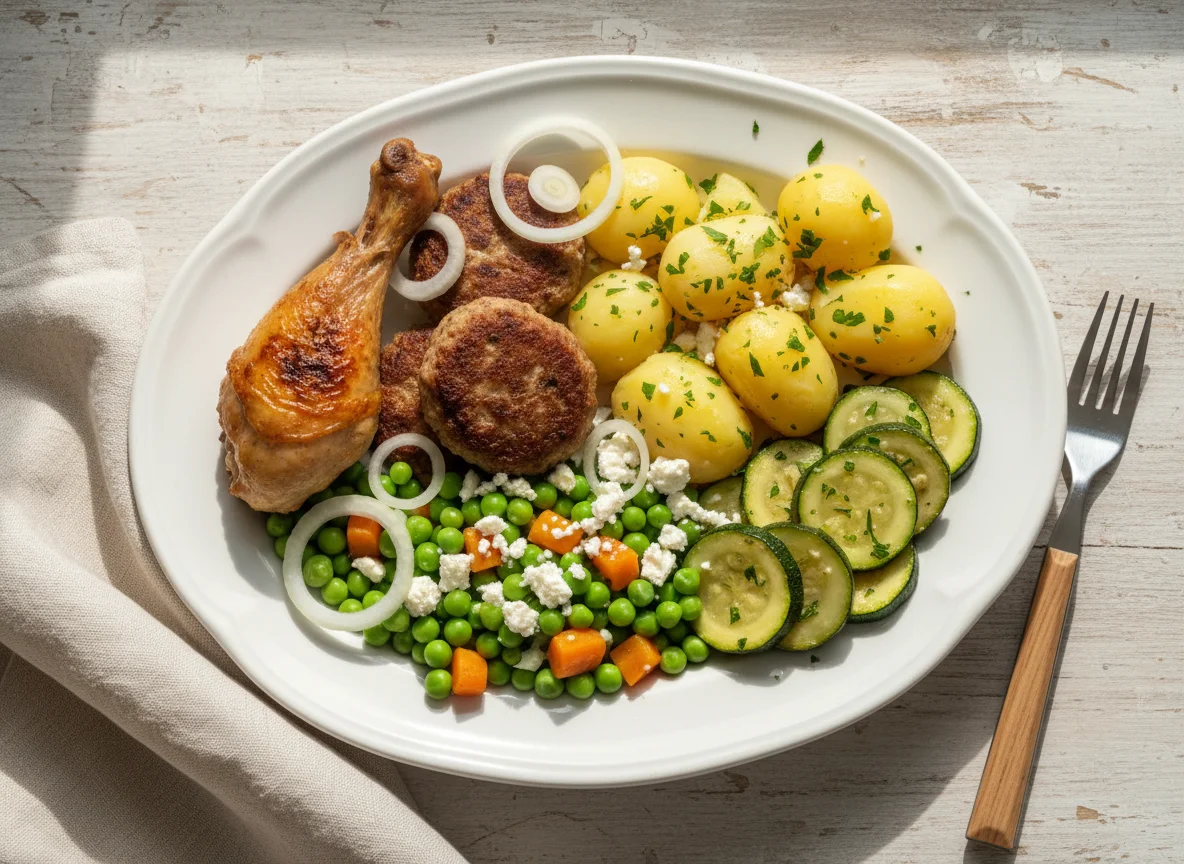 Gemischter Teller mit Fleisch, Kartoffeln und Gemüse photo